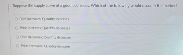 Solved Suppose the supply curve of a good decreases. Which | Chegg.com