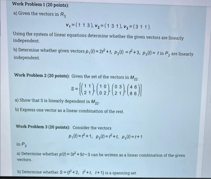 Solved Work Problem 1 (20 points): a) Given the vectors in | Chegg.com