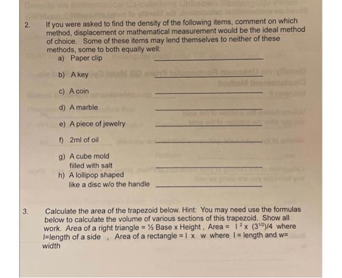Solved 2. If you were asked to find the density of the | Chegg.com