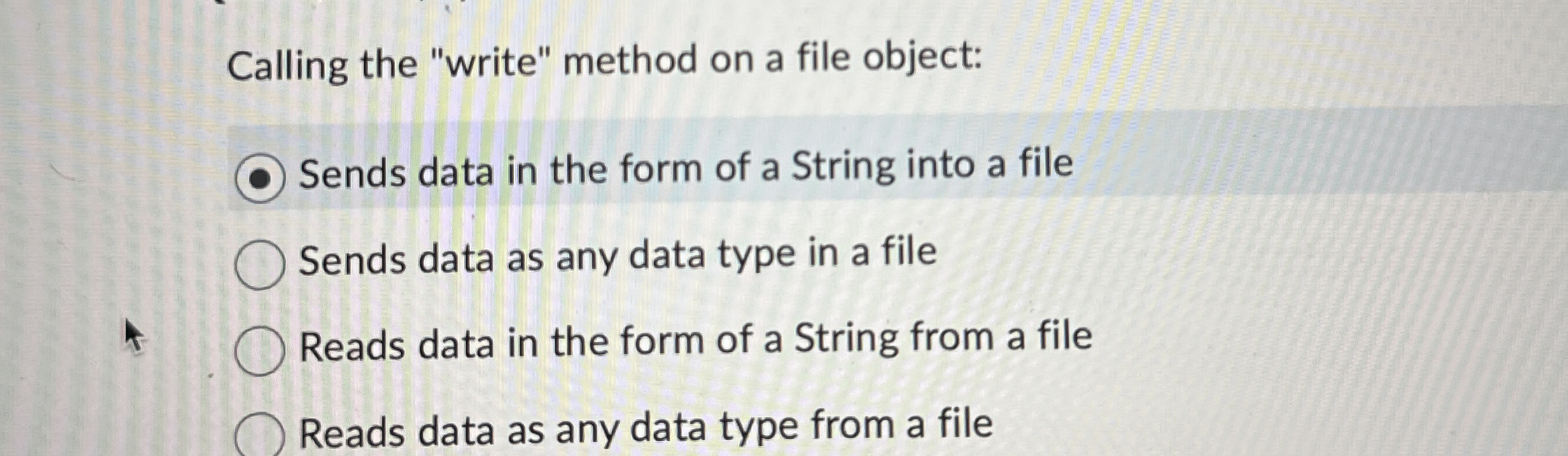 Solved Calling the "write" method on a file object:Sends | Chegg.com