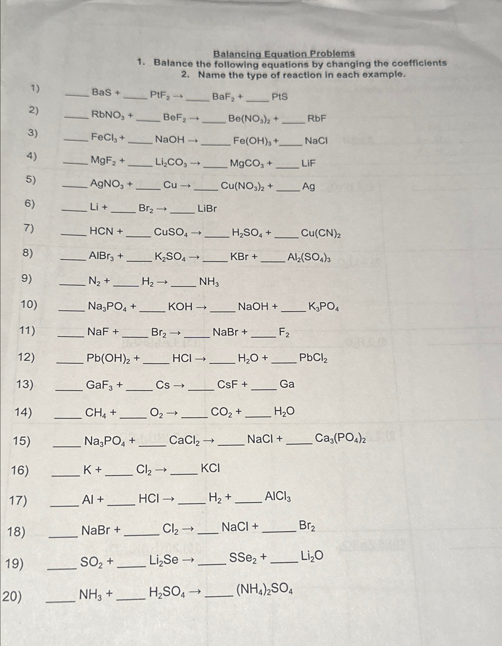Balancing Equation ProblemsBalance the following | Chegg.com