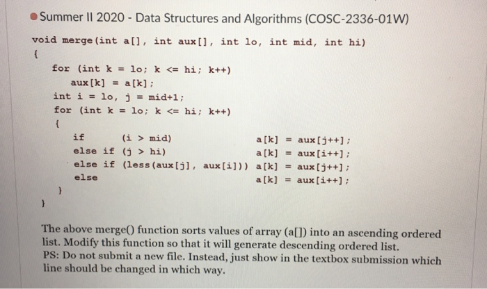 Solved Summer II 2020 - Data Structures and Algorithms | Chegg.com