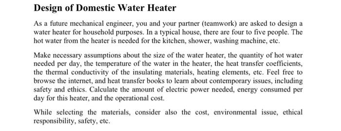 Solved Design of Domestic Water Heater As a future | Chegg.com