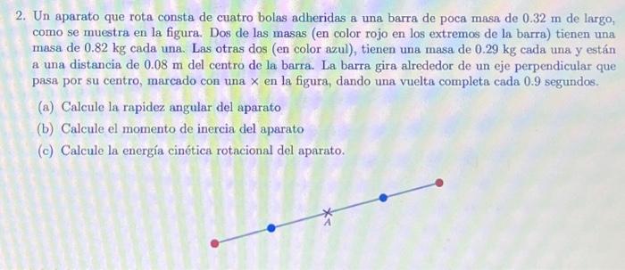 2. Un aparato que rota consta de cuatro bolas adheridas a una barra de poca masa de \( 0.32 \mathrm{~m} \) de largo, como se