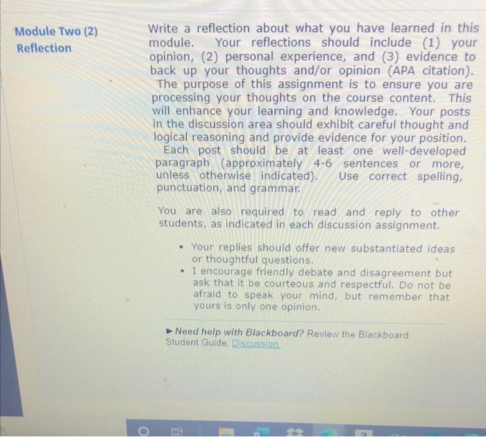 Module Two (2) Reflection Write a reflection about | Chegg.com