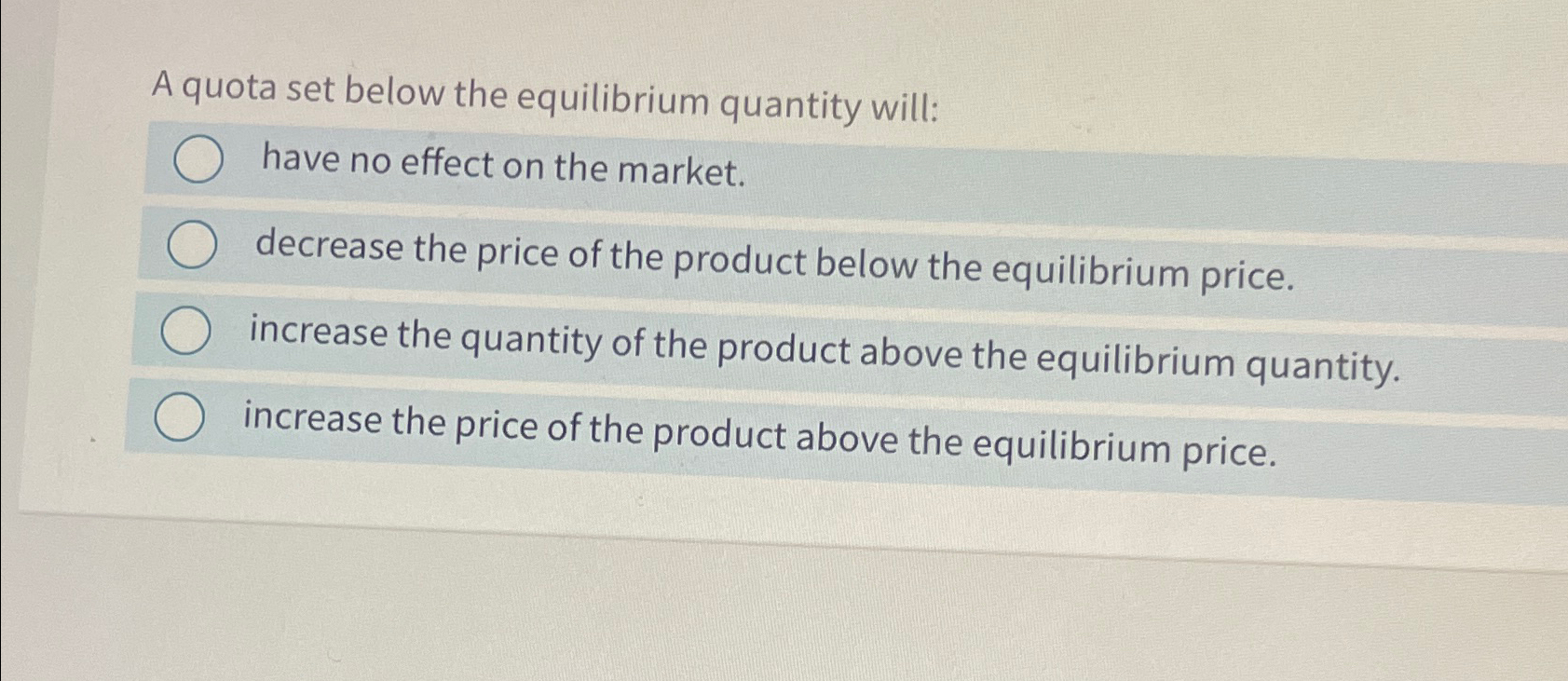 Solved A quota set below the equilibrium quantity will:have | Chegg.com