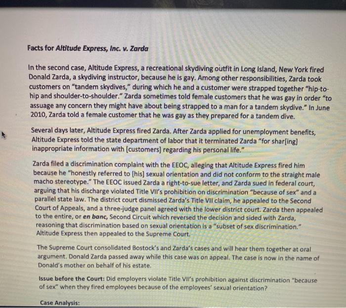Facts for Altitude Express, Inc. v. Zarda In the | Chegg.com