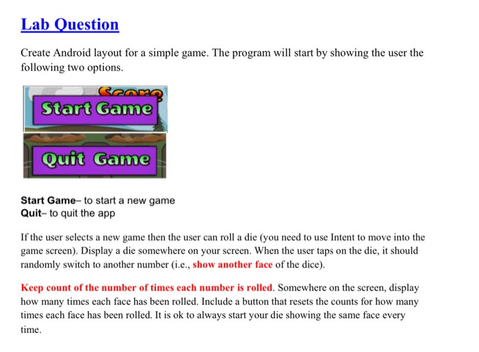Lab Question Create Android layout for a simple game. | Chegg.com