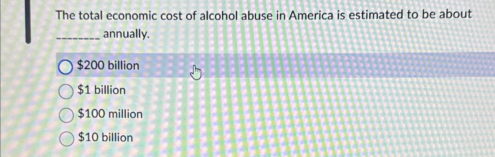 Solved The total economic cost of alcohol abuse in America | Chegg.com
