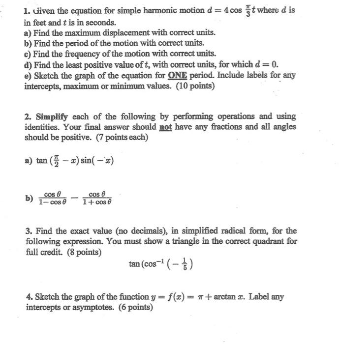 Solved 1. Given the equation for simple harmonic motion d = | Chegg.com