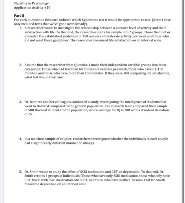 Solved Statistics in Psychology Application Activity #10 | Chegg.com