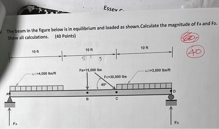 The beam in the figure below is in equilibrium and loaded as shown.Calculate the magnitude of FA and Fo. Show all calculation