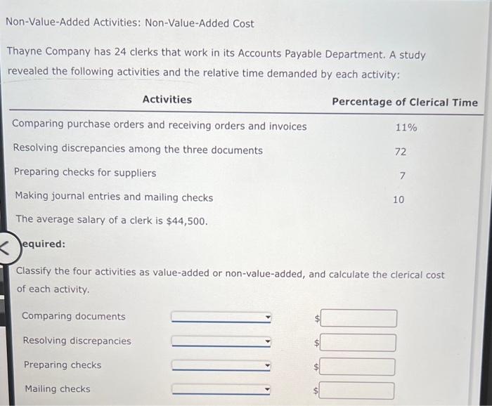 Solved non value added activities non value added cost chegg