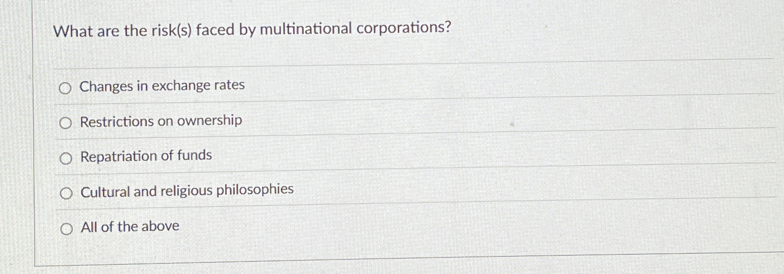 Solved What are the risk(s) ﻿faced by multinational | Chegg.com
