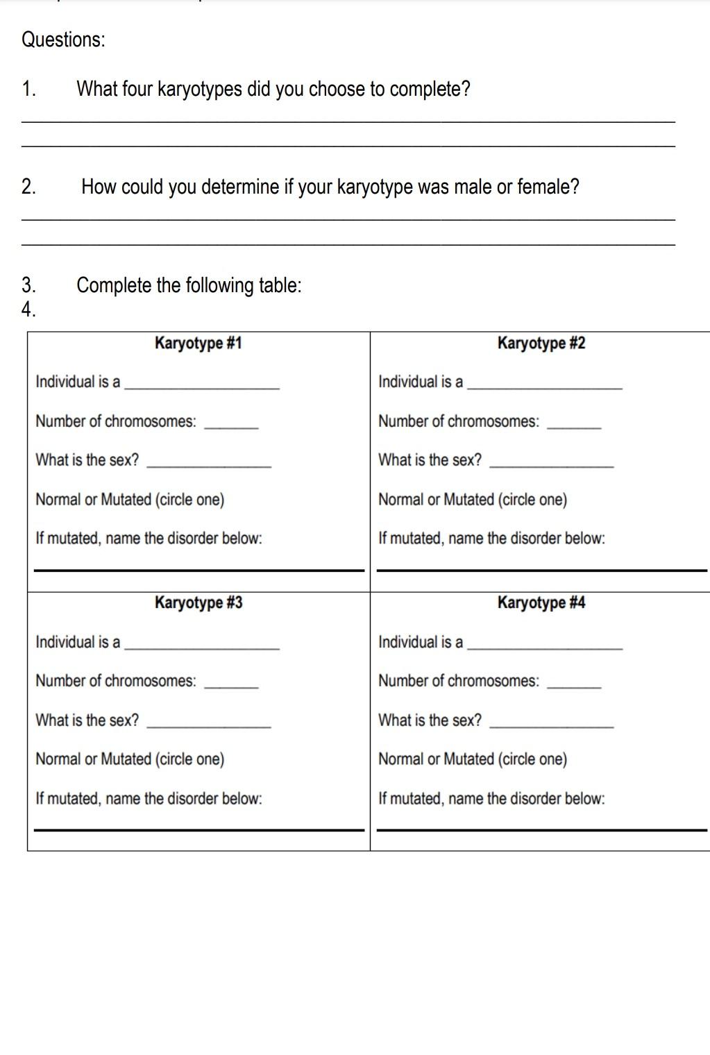 Solved Questions: 1. What Four Karyotypes Did You Choose To | Chegg.com