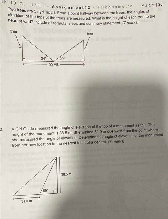 Solved Math 10-C Unit - Assignment#2 23. The length of the | Chegg.com