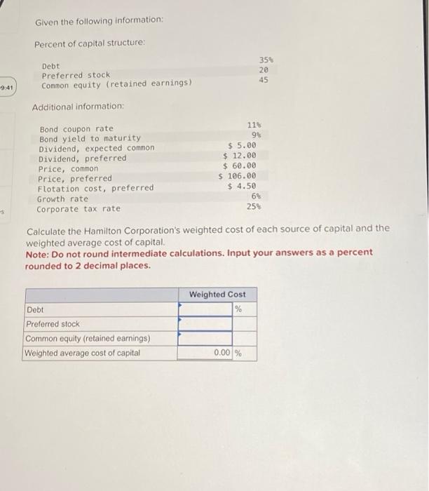 Solved Calculate the Hamilton Corporation's weighted cost of