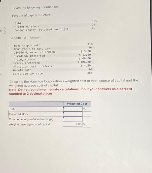 Solved Calculate The Hamilton Corporation's Weighted Cost Of | Chegg.com