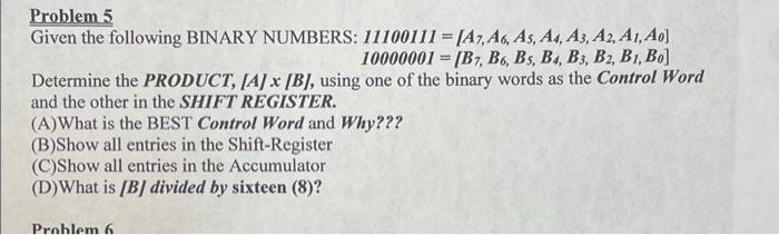 Solved Problem 5 Given the following BINARY NUMBERS: | Chegg.com