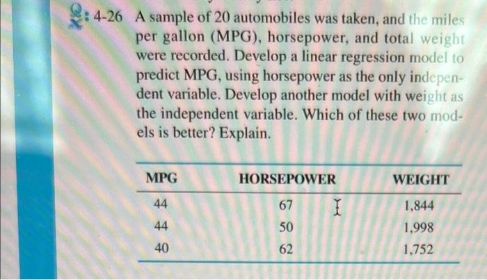Solved 4-26 A sample of 20 automobiles was taken, and the | Chegg.com