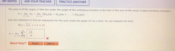 Solved MY NOTES ASK YOUR TEACHER PRACTICE ANOTHER The area | Chegg.com