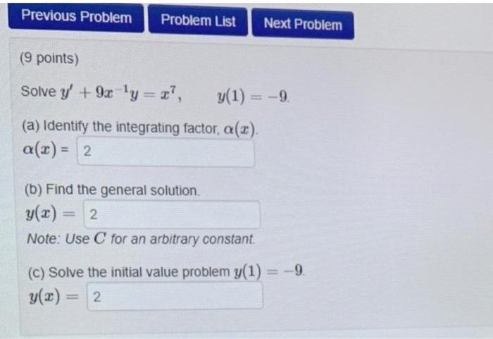 Solved Previous Problem Problem List Next Problem (9 points) | Chegg.com