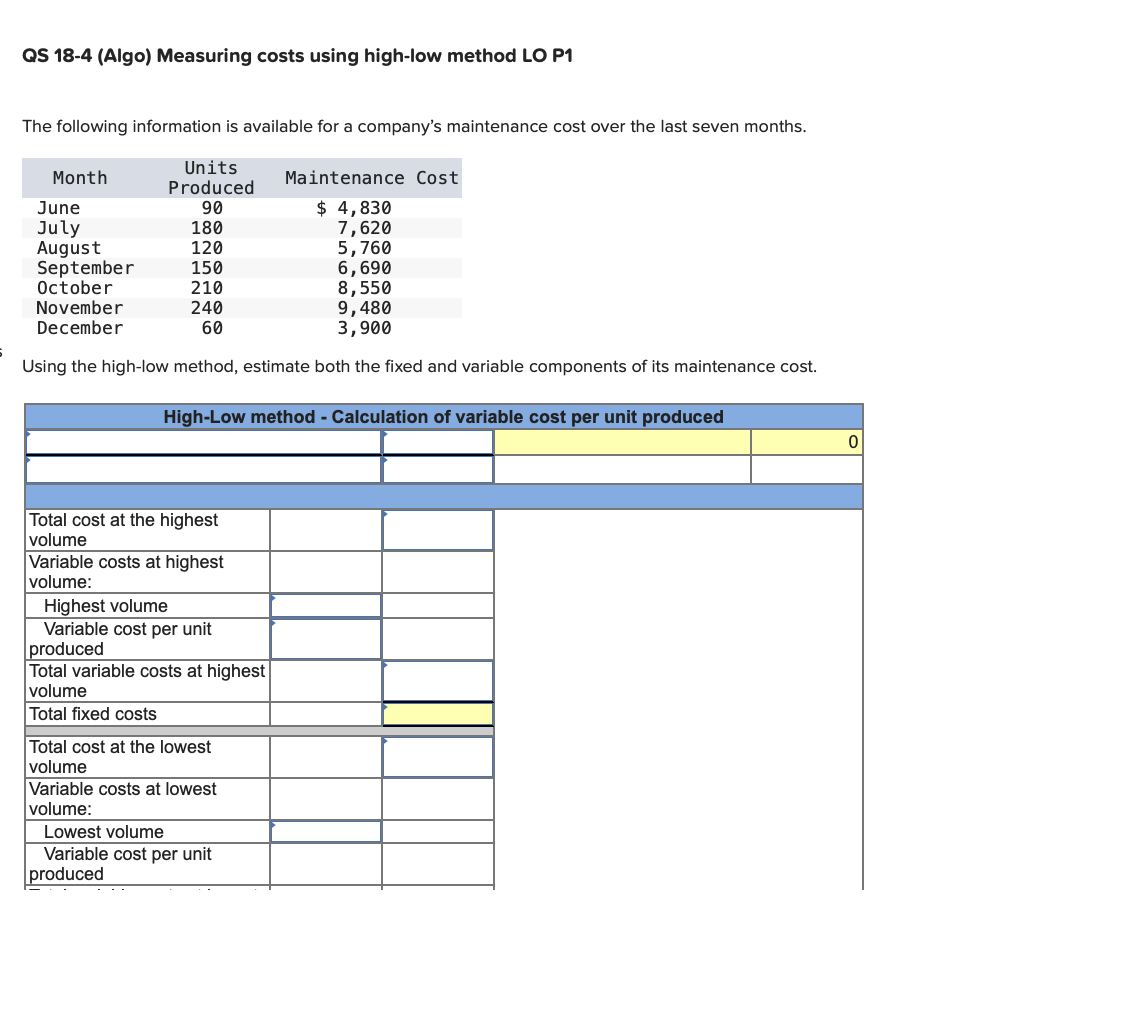 Solved QS 18-4 (Algo) ﻿Measuring costs using high-low method | Chegg.com