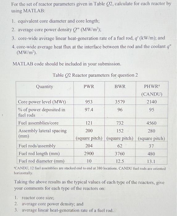 For the set of reactor parameters given in Table Q2, | Chegg.com