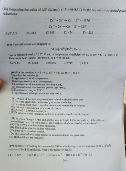 Solved (14) Determine the value of ΔG∘(kJ/mol). (1 F=96485C) | Chegg.com