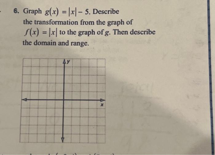 Solved 6. Graph g(x)=∣x∣−5. Describe the transformation from | Chegg.com