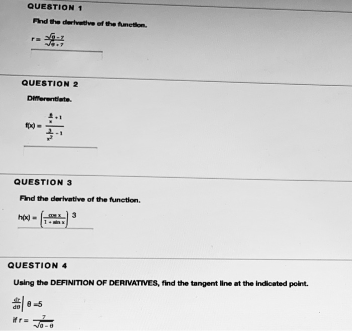 Solved QUESTION 1 Find the derivative of the function. | Chegg.com
