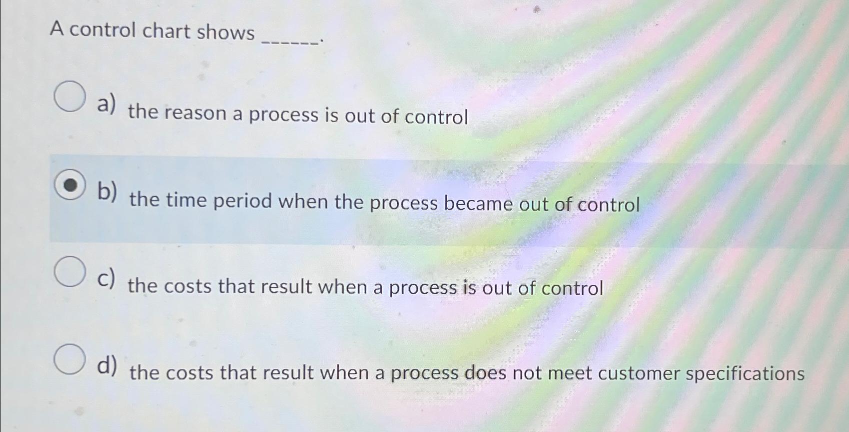 Solved A control chart showsa) ﻿the reason a process is out | Chegg.com