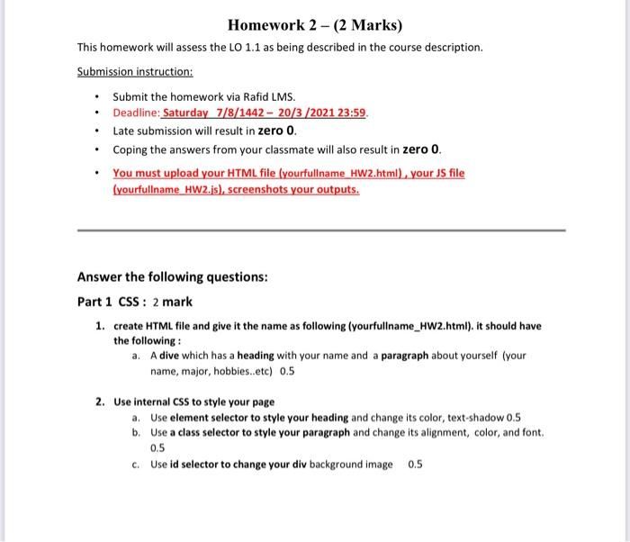 Solved Homework 2 - (2 Marks) This homework will assess the | Chegg.com