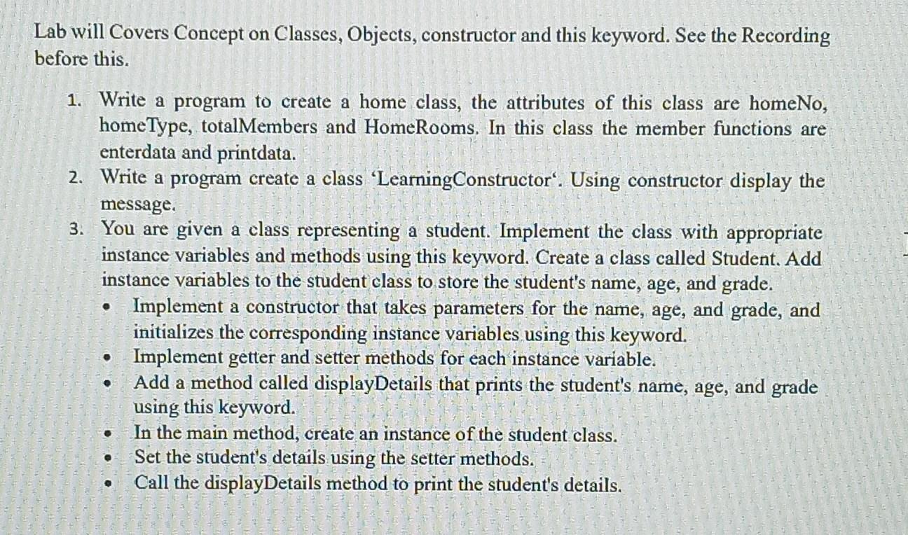 Solved Lab will Covers Concept on Classes, Objects, | Chegg.com