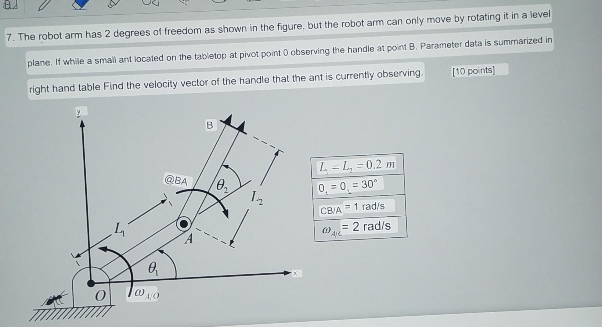 Solved 3 7. The robot arm has 2 degrees of freedom as shown | Chegg.com