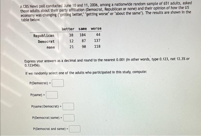 A CBS News poll conducted June 10 and 11,2006 , among a nationwide random sample of 651 adults, asked those adults about thei