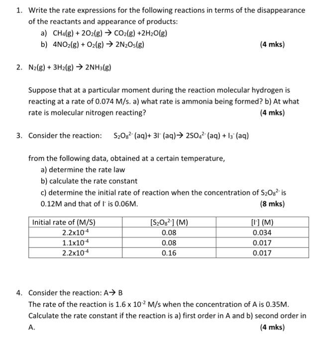 Solved 1. Write the rate expressions for the following | Chegg.com