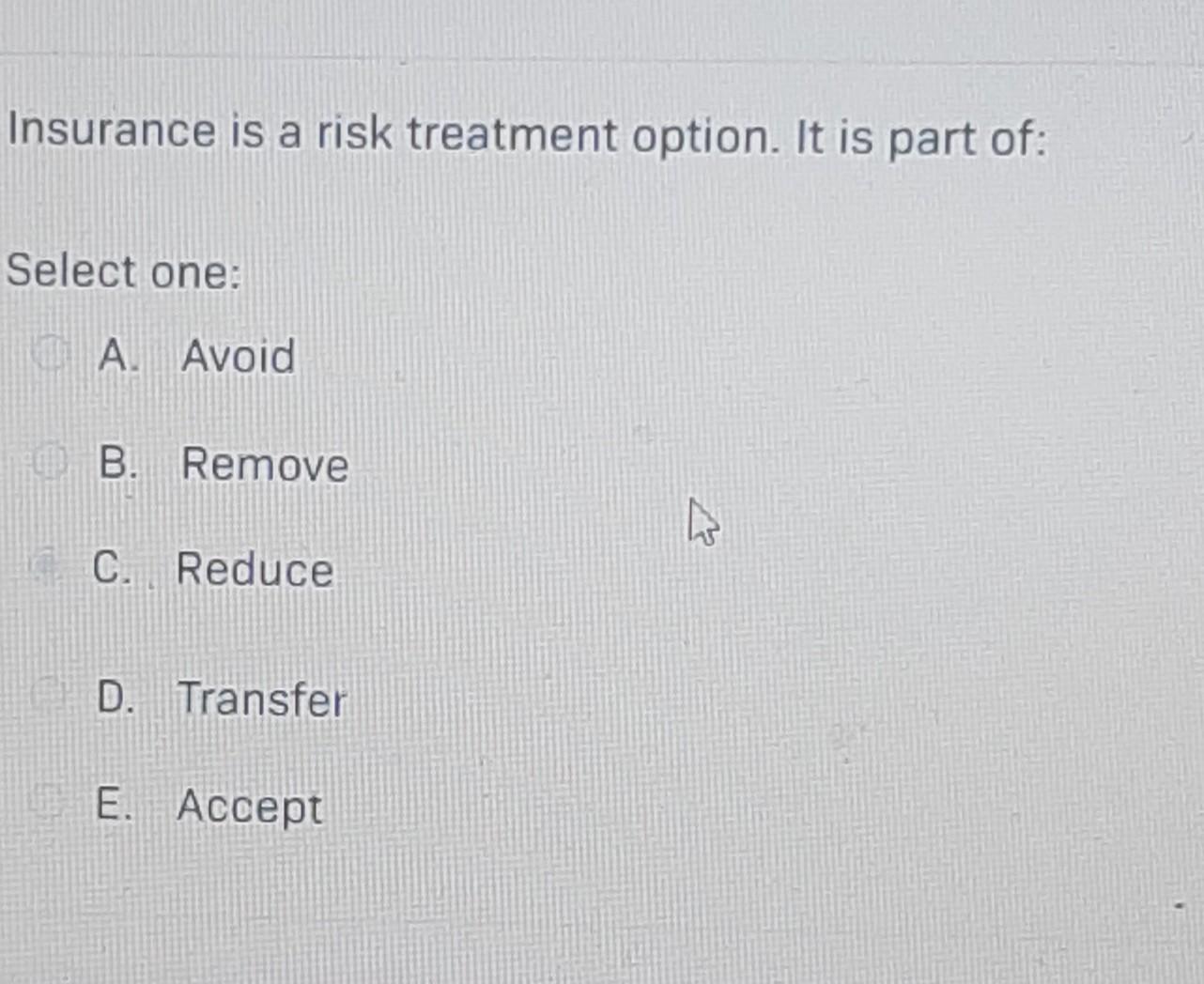 Solved Insurance Is A Risk Treatment Option. It Is Part Of: | Chegg.com