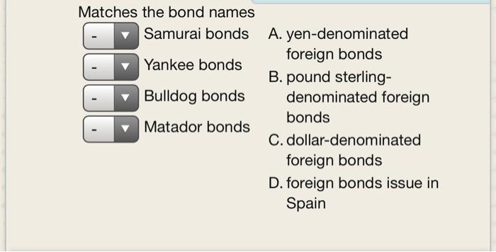Solved Matches The Bond Names Samurai Bonds Yankee Bonds Chegg Com