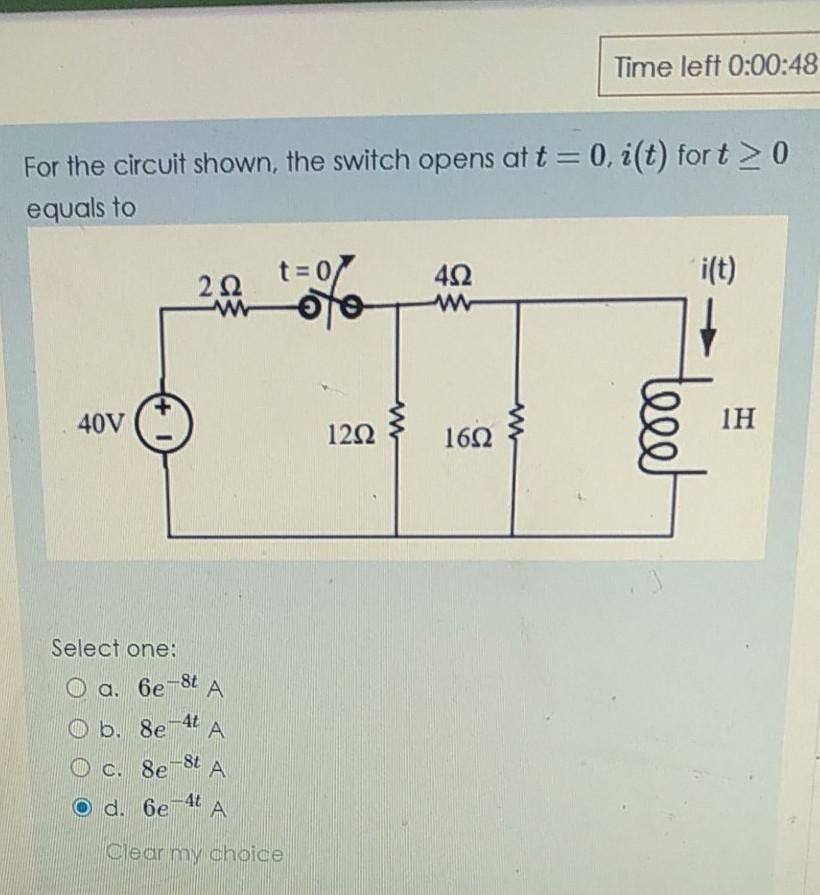 Solved Time left 0:00:48 For the circuit shown, the switch | Chegg.com