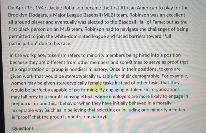 Solved On April 15, 1947, Jackie Robinson became the first | Chegg.com