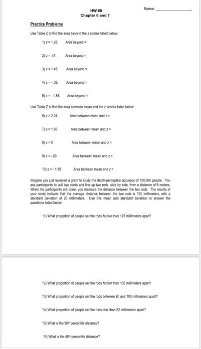 Solved Name: HW #8 Chapter 6 and 7 Practice Problems Use | Chegg.com