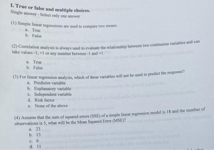 Solved 1. True or false and multiple choices. Single answer | Chegg.com