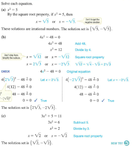 Solved: Use the square root property to solve each equation. Se ...