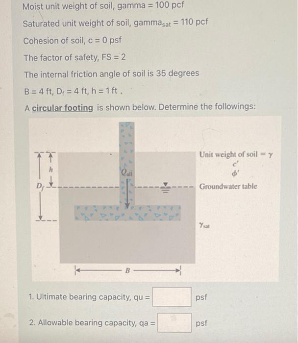 Moist unit weight of soil, gamma \( =100 \mathrm{pcf} \)
Saturated unit weight of soil, gamma sat \( =110 \) pcf
Cohesion of 