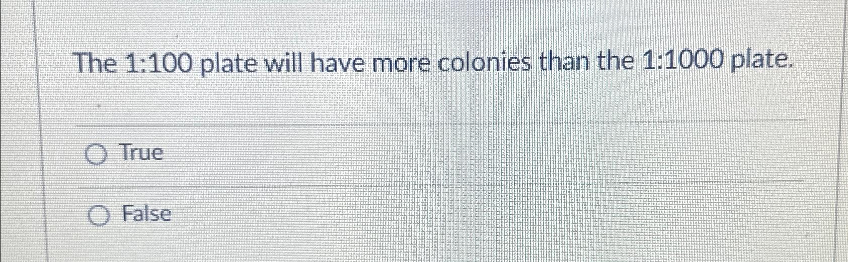 Solved The 1:100 ﻿plate will have more colonies than the | Chegg.com