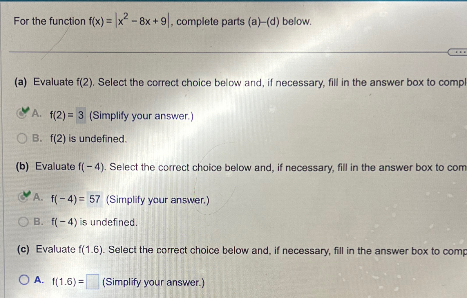 Solved For the function f(x)=|x2-8x+9|, ﻿complete parts | Chegg.com