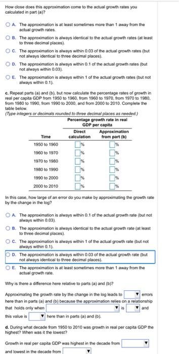 Solved Year 1950 1960 1970 1980 1990 Per capita real GDP | Chegg.com