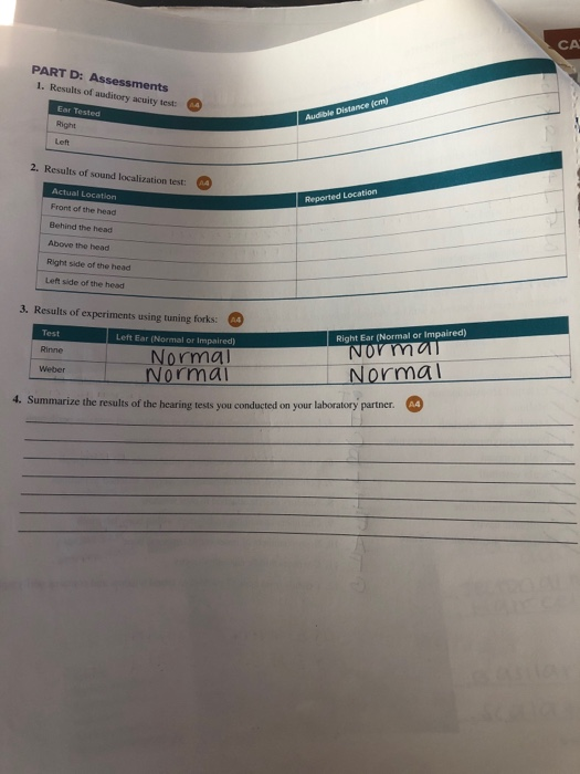 Solved: CA PART D: Assessments 1. Results Of Auditory Acui Sns-Brigh10