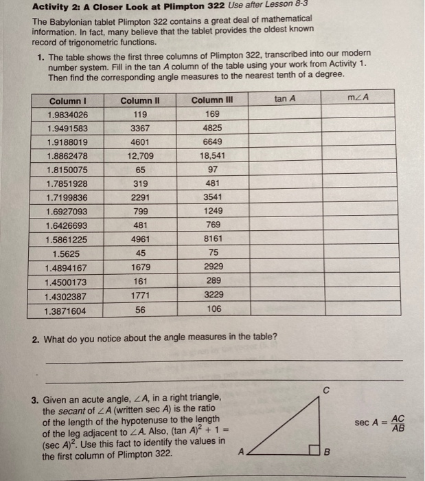 Solved Activity 2: A Closer Look at Plimpton 322 Use after | Chegg.com